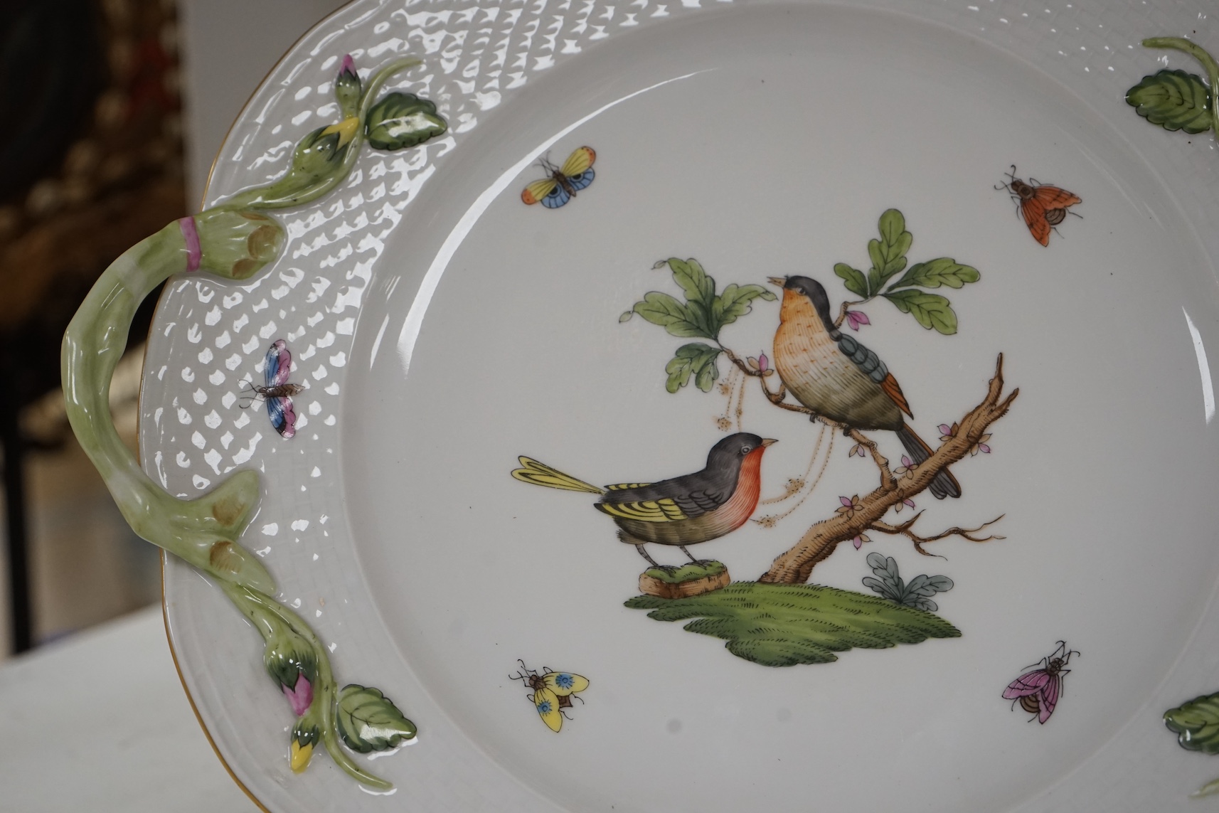 Two Herend Rothschild Bird plates including one with reticulate border, largest 30cm wide. Condition - good